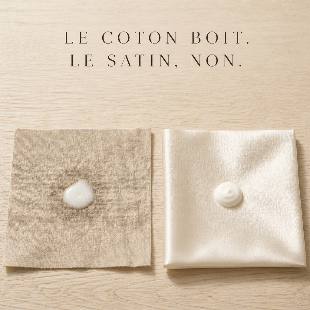 Le coton absorbe la crème, le satin la laisse en surface — comparaison des deux matières