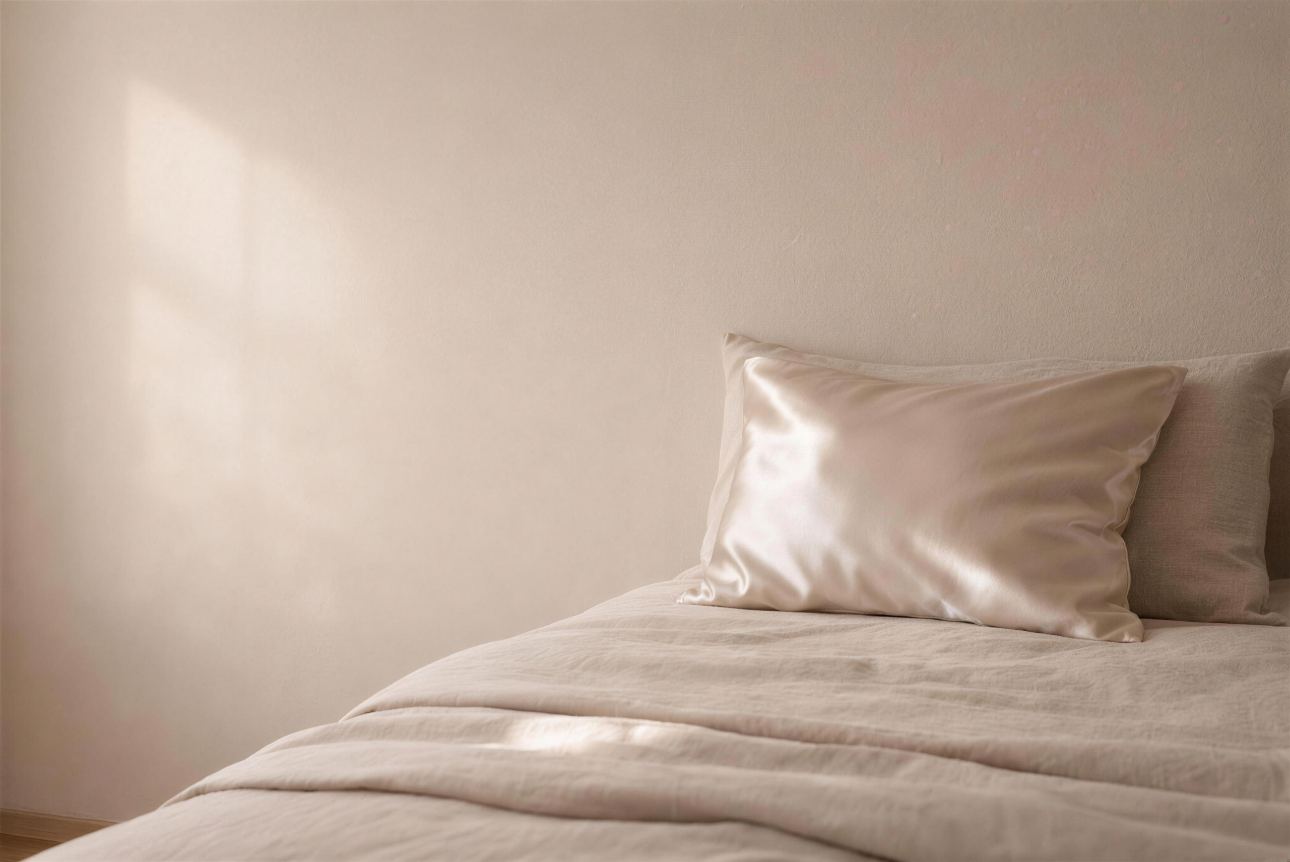 Taie d'oreiller en satin ivoire Seri sur un lit