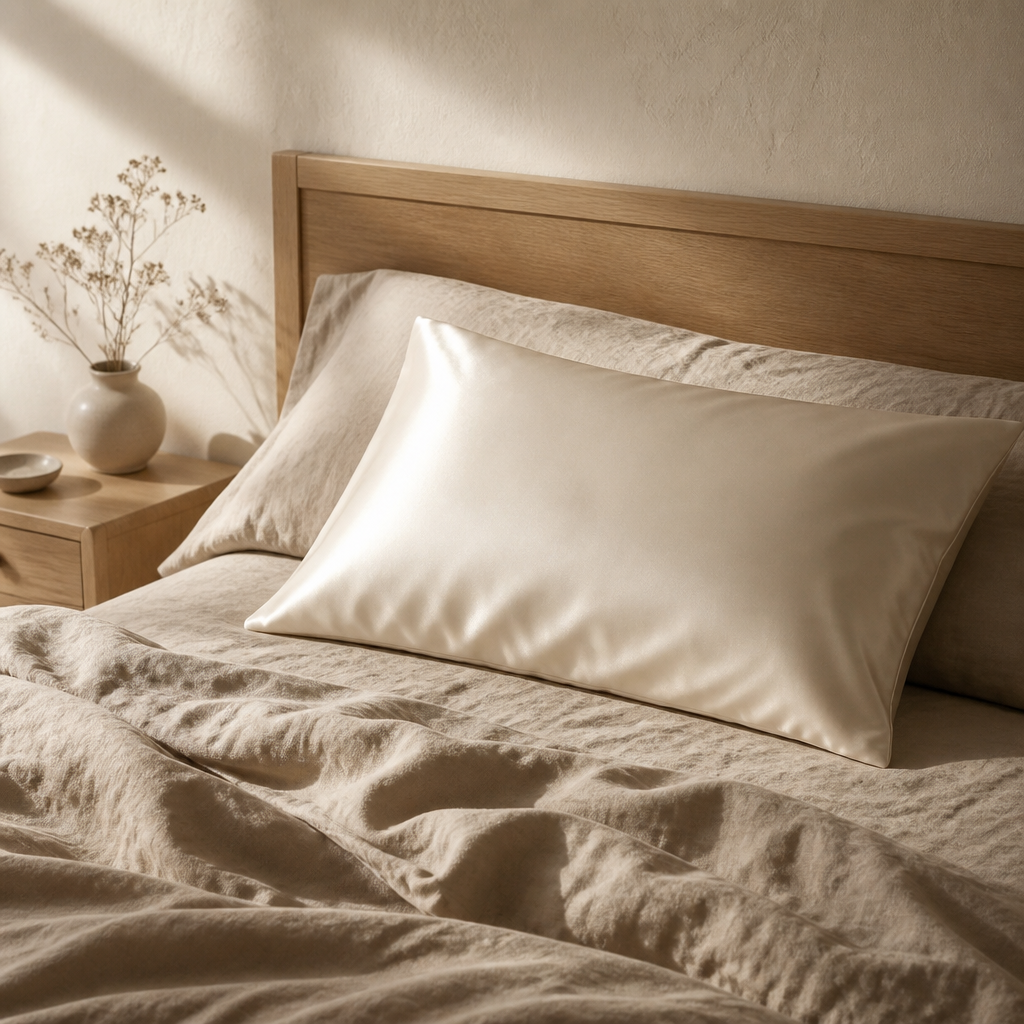 Taie d'oreiller en satin ivoire Séri sur un lit en lin beige